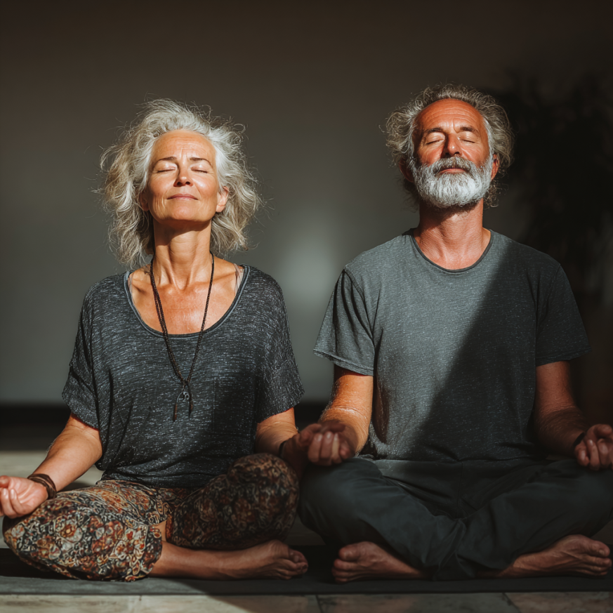 Adultos mayores practicando yoga en grupo
